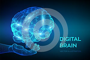 Brain. Digital brain in hand. 3D Science and Technology concept. Neural network. IQ testing, artificial intelligence virtual