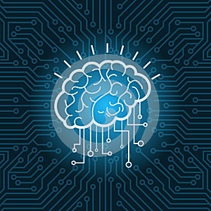 Brain Digital Form Icon Over Blue Circuit Background