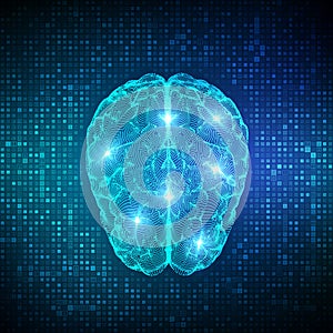 Brain. Digital brain on streaming matrix digital binary code background. 3D Science and Technology concept. Neural network. IQ
