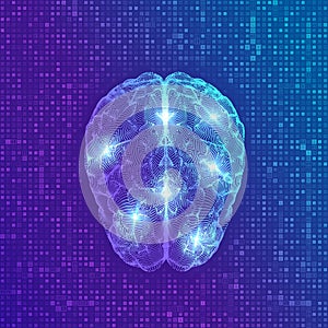 Brain. Digital brain on streaming matrix digital binary code background. 3D Science and Technology concept. Neural network. IQ