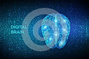 Brain. Digital brain on streaming matrix digital binary code background. 3D Science and Technology concept. Neural network. IQ