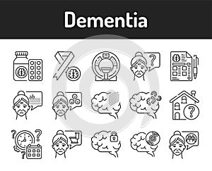 Brain disease dementia line black icons set. Decline in memory. Decrease in mental human abilities. Sign for web page, mobile app