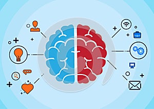 The brain is divided into two hemispheres. The left hemisphere is creative. On the right is the learning process planning concept