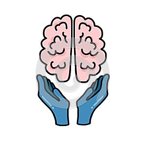 Brain in doctor glove hand cartoon