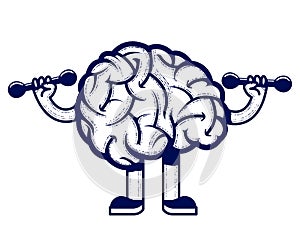 Brain with dumbbells in gym, intellect pumping, strong mind