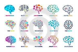 Brain emblem template. Smart assistant, ai and human brains, neural engine and creative mind vector icons set