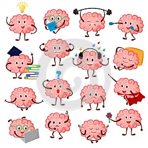 Brain emotion vector cartoon brainy character expression emoticon and intelligence emoji studying illustration
