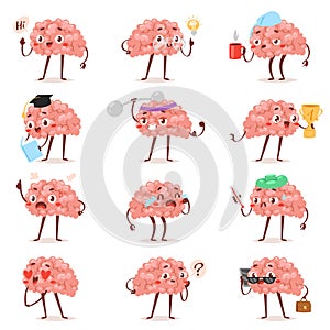 Brain emotion vector cartoon brainy character expression emoticon and intelligence emoji studying loving or crying