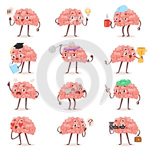 Brain emotion vector cartoon brainy character expression emoticon and intelligence emoji studying loving or crying photo