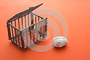 Brain escape from cage on orange background with copy space. Think outside the box, creativity idea, human rights or freedom