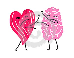 Brain fighting heart. Vector illustration with simple flat trendy colors