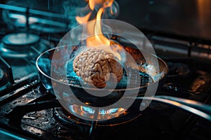 Brain on fire in a kitchen stove