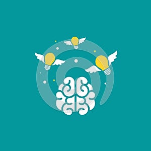 Brain with flying bulbs flat icon. Isolated on blue. New idea, inspiration concept. smart, clever, creative symbol