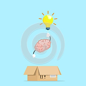 Brain flying out of box with light bulb think out box concept