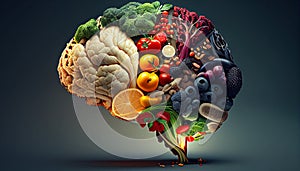 Brain Food: A Colorful Illustration of Fruits and Vegetables in the Shape of a Human Brain. Created with generative AI technology.