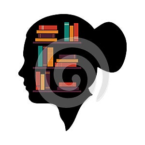 The brain is full of knowledge, Books library in head shape. Library bookshelves flat vector illustration.