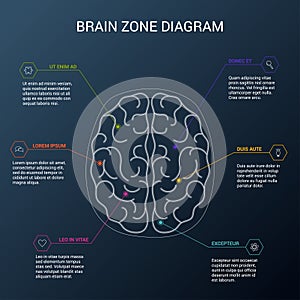 Brain function diagram. Top view of human brain