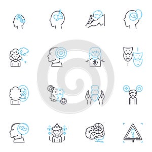 Brain function linear icons set. Cognition, Memory, Attention, Perception, Intelligence, Learning, Creativity line