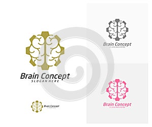 Brain with Gear Logo design vector template. Think idea concept. Brainstorm power thinking brain icon Logo