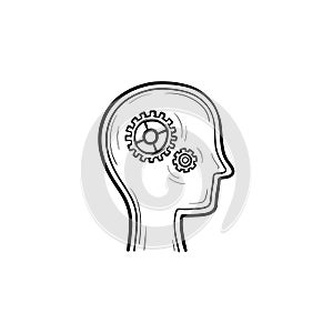 Brain with gears hand drawn sketch icon.