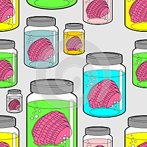 Brain in glass jar pattern seamless. Brainss in glassy Liter jar background. vector illustration