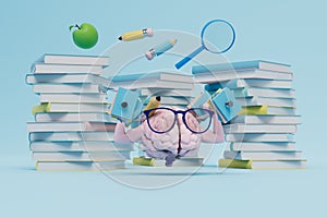 a brain with glasses holding dumbbells from books next to stacks of books and educational supplies. 3D render