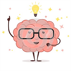 Brain with glasses and idea light bulb. vector
