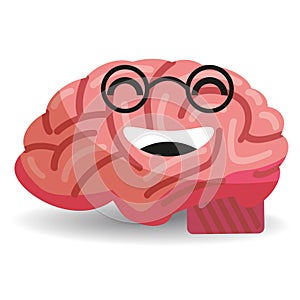 Brain with glasses smiling, cute positive character . Vector flat cartoon style isolated