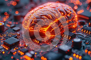A brain is glowing red and orange on a computer chip