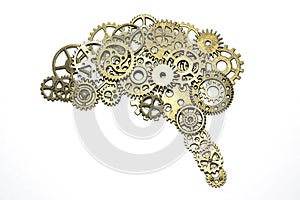 Brain of golden gears on a white background. assembled from the details of the puzzle. photo