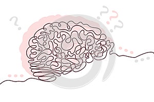 Brain Hand drawn icon continuous line drawing and pink flat silhouette. Human organs. Medicine trendy concept One single