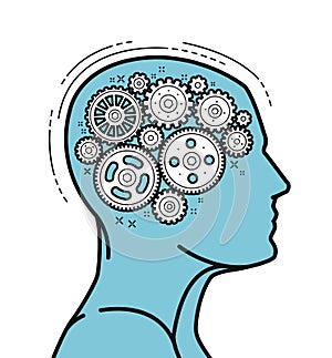 Brain and head, mechanical gears in progress. Vector illustration photo