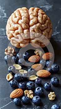 Brain health concept featuring nuts, blueberries on dark surface. Healthy foods promoting cognitive function. Image shows brain photo