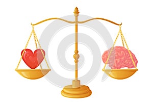 Brain heart balance illustration concept. Equince or balance, hard to make choice symbol. Love or mind decision