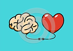 The Brain and the heart connected with a cable. Vector Illustration