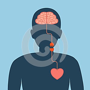 Brain and heart electric plug connection interaction concept. Connection between logic and emotion idea