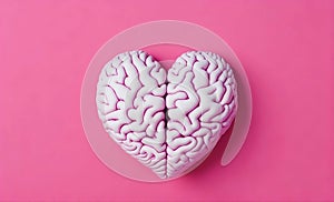 Brain and heart shape mind and emotions in balance for mental health on light pink background