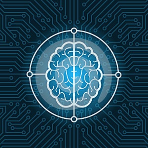 Brain Icon Over Blue Circuit Chip Background Connection Concept