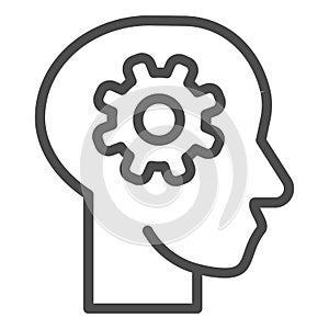 Brain idea in mind line icon. Gear in head, solution wheel symbol, outline style pictogram on white background. Teamwork