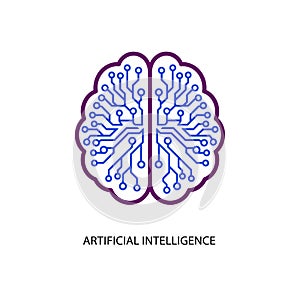Illustration of a brain with circuit patterns representing artificial intelligence, the design is modern and symbolic