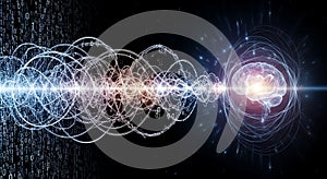 Abstract brain illustration with binary code and neural network connections concept art