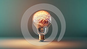 Brain inside of light bulb on gradient background