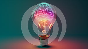 Brain inside of light bulb on green gradient background