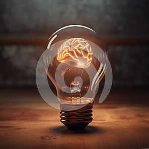 Brain inside the light bulb, human brain with left and right cerebral inside the electric light bulb, AI generated