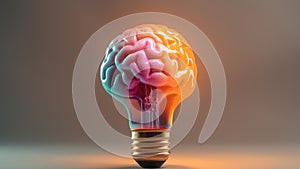 Brain inside of light bulb orange gradient background