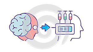 Brain interface connecting to a machine, symbolizing AI or data processing. vector design Generative AI