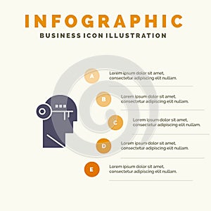 Brain, Key, Lock, Mind, Unlock Solid Icon Infographics 5 Steps Presentation Background