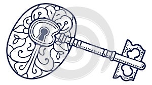 Brain key unlocking secrets, mind, discovery, vector design Generative AI