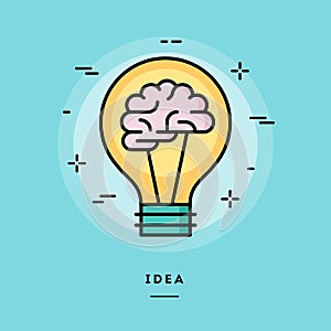 Brain in the light bulb as a metaphor for idea, line flat design