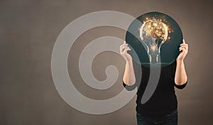 Brain with light bulb, colorful explosion, idea and vision concept, brainstorming for solution, innovation and imagination of the